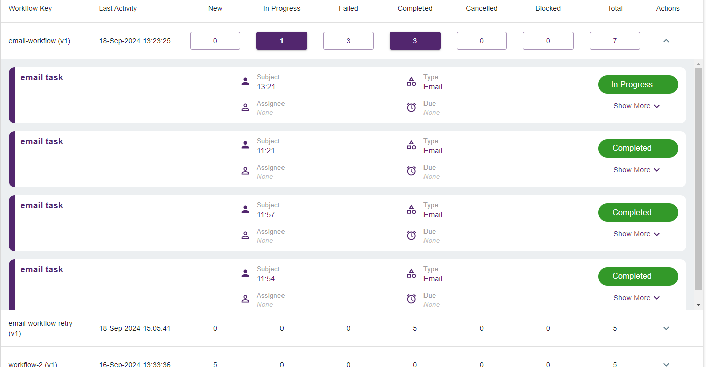 Exapanded workflow row showing tasks